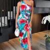 Multi Tie Dye Printed One Shoulder Knot Skirt Midi Dress