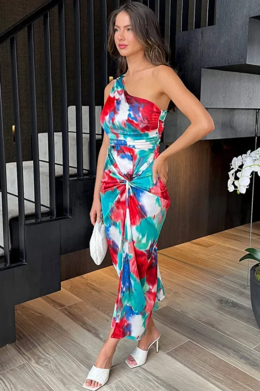 Multi Tie Dye Printed One Shoulder Knot Skirt Midi Dress