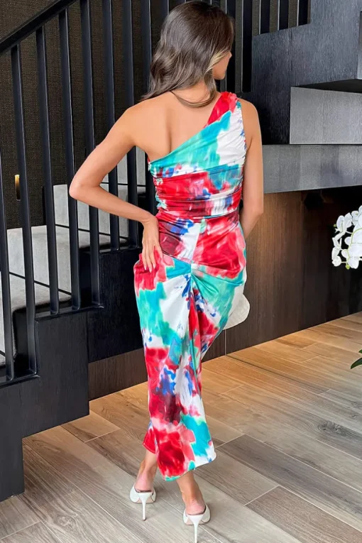 Multi Tie Dye Printed One Shoulder Knot Skirt Midi Dress