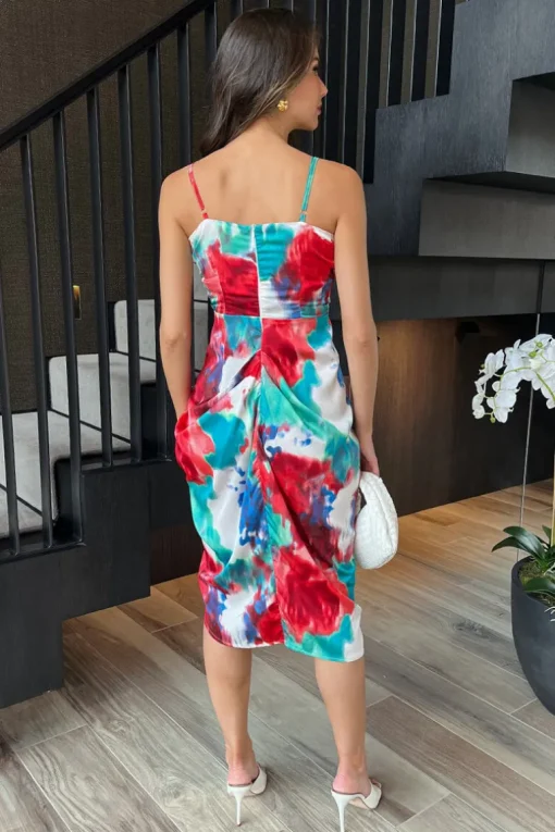 Multi Tie Dye Printed Strappy Wrap Top Gathered Skirt Midi Dress
