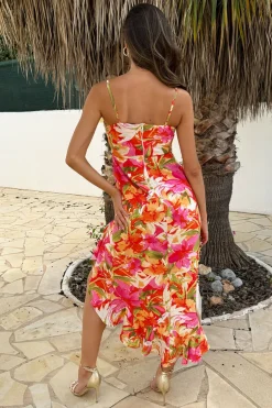 Multi Tropical Print Strappy High Low Frill Hem Midi Dress