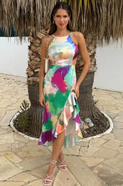 Multi Watercolour Print Racer Neck High Low Frill Hem Midi Dress