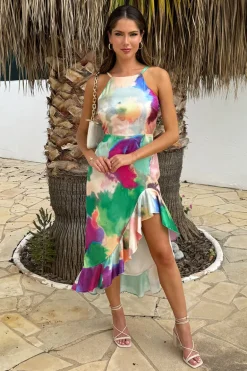 Multi Watercolour Print Racer Neck High Low Frill Hem Midi Dress