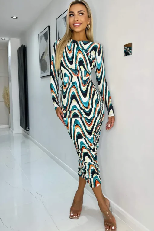 Multi Wave Print Bodycon Midi Dress