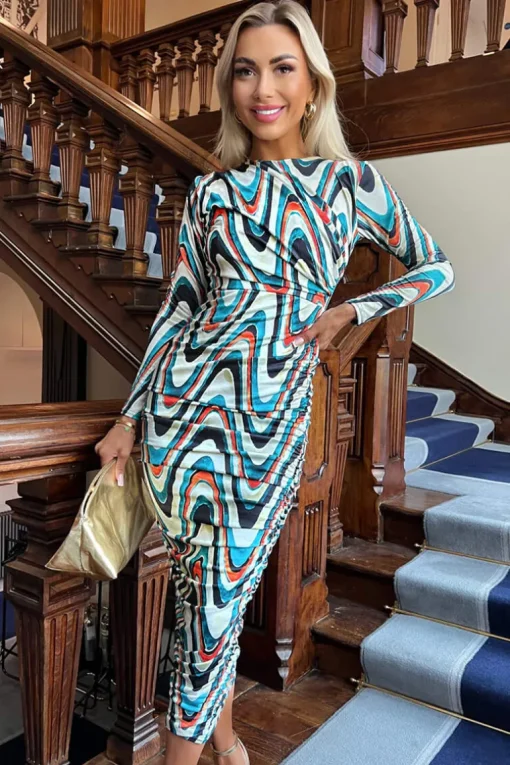 Multi Wave Print Bodycon Midi Dress