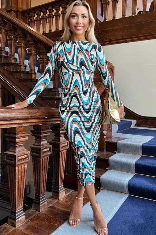 Multi Wave Print Bodycon Midi Dress
