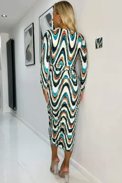 Multi Wave Print Bodycon Midi Dress