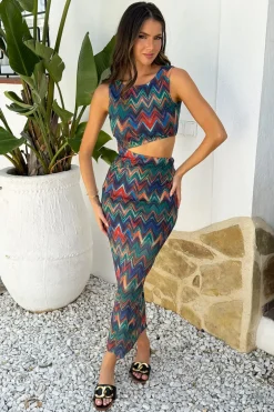 Multi Zig Zag Printed Mesh Asymmetric Waist Cut Out Midi Dress