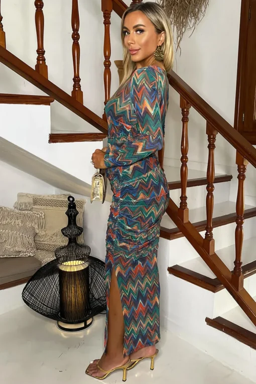 Multi Zig Zag Printed Mesh Overlay Long Sleeve Bodycon Midi Dress