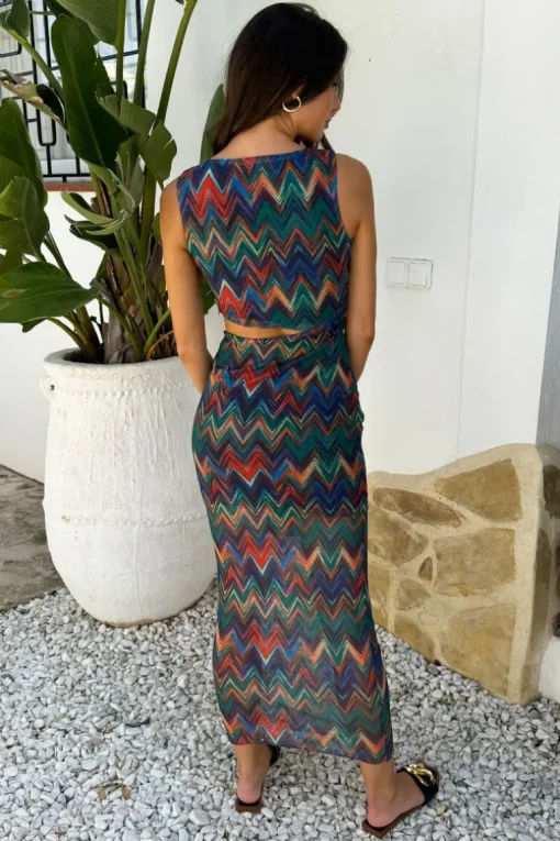 Multi Zig Zag Printed Mesh Asymmetric Waist Cut Out Midi Dress