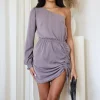 Mushroom One Sleeve Ruched Side Mini Dress