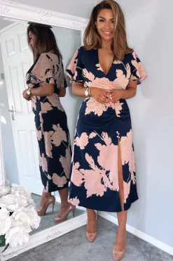 Navy And Blush Floral Print Bell Sleeve Midi Dress
