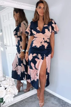 Navy And Blush Floral Print Bell Sleeve Midi Dress