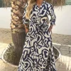 Navy And Cream Abstract Print 3/4 Sleeve Tie Waist Shirt Midi Dress
