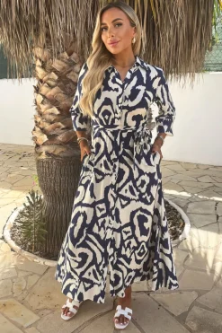 Navy And Cream Abstract Print 3/4 Sleeve Tie Waist Shirt Midi Dress