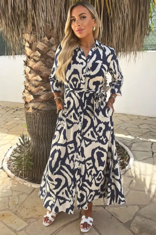 Navy And Cream Abstract Print 3/4 Sleeve Tie Waist Shirt Midi Dress