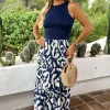 Navy And Cream Abstract Print 2 In 1 Smock Midi Dress