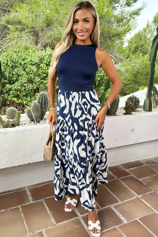 Navy And Cream Abstract Print 2 In 1 Smock Midi Dress