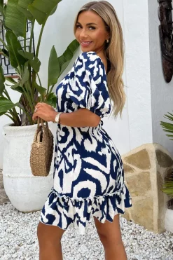 Navy And Cream Abstract Print Short Sleeve Frill Hem Mini Dress