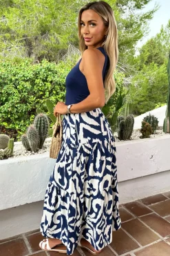Navy And Cream Abstract Print 2 In 1 Smock Midi Dress