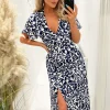 Navy And Cream Printed Bell Sleeve Midi Dress