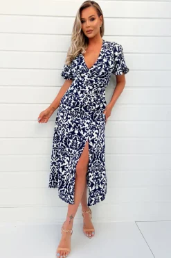 Navy And Cream Printed Bell Sleeve Midi Dress