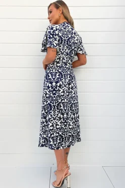Navy And Cream Printed Bell Sleeve Midi Dress