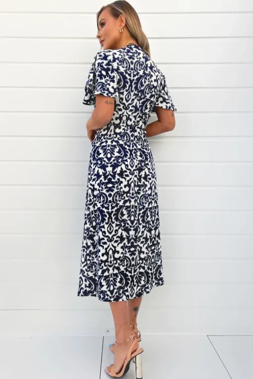 Navy And Cream Printed Bell Sleeve Midi Dress