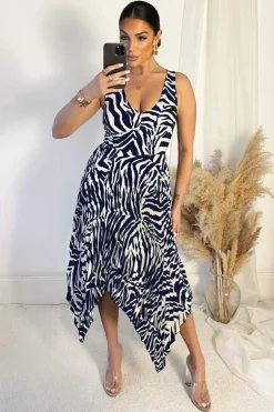 Navy And Cream Printed V Neck Zig Zag Hem Pleated Midi Dress