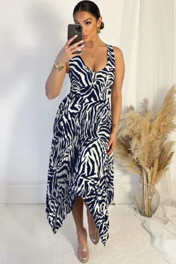 Navy And Cream Printed V Neck Zig Zag Hem Pleated Midi Dress