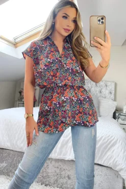 Navy and Orange Floral Print Wrap Top