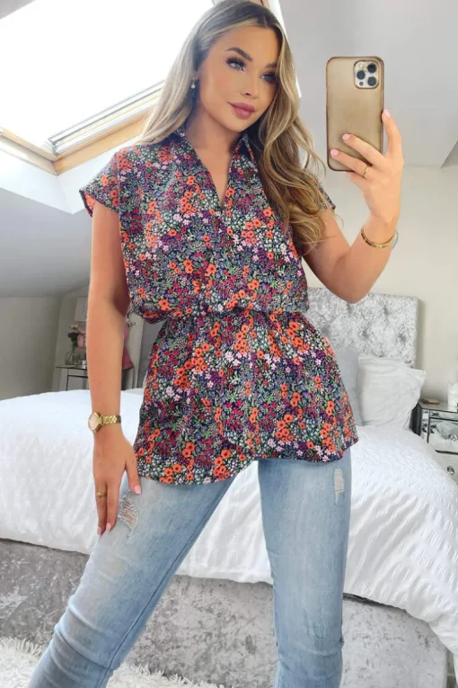 Navy and Orange Floral Print Wrap Top