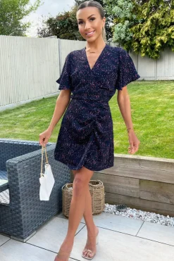 Navy And Pink Printed Short Sleeve Gathered Mini Dress