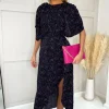Navy And Pink Printed Wrap Skirt Midi Dress