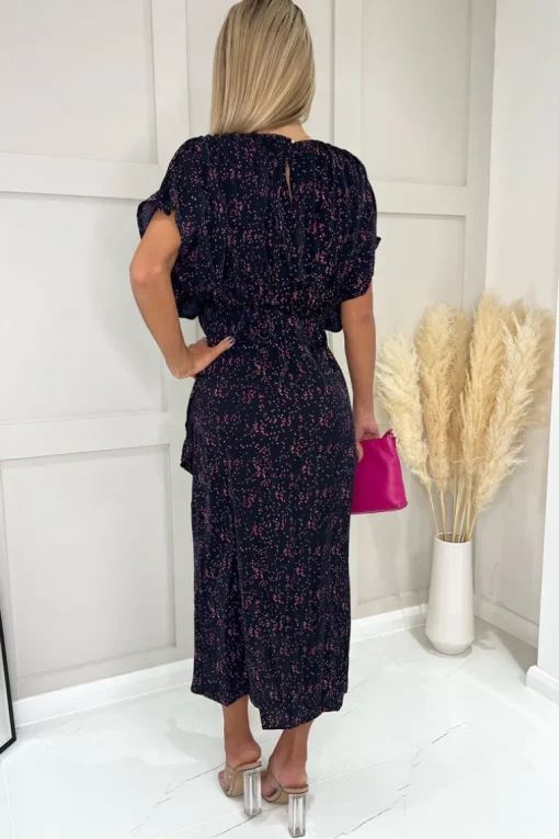 Navy And Pink Printed Wrap Skirt Midi Dress