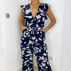 Navy And White Floral Wrap Front Belted Jumpsuit