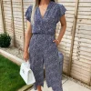 Navy and White Printed Wrap Over Frill Sleeve Jumpsuit