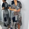 Navy Animal Print Patchwork Wrap Midi Dress
