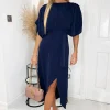 Navy Batwing Top Wrap Skirt Midi Dress