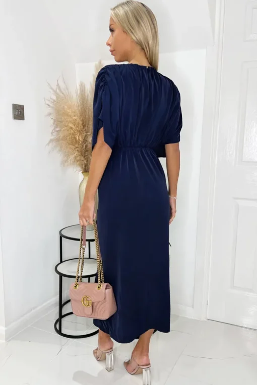 Navy Batwing Top Wrap Skirt Midi Dress