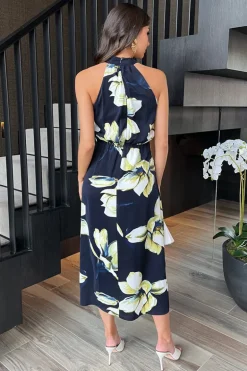Navy Floral Print Halter Neck Dipped Hem Midi Dress