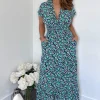 Navy Floral Print Short Sleeved V-Neck Midi Smock Dress