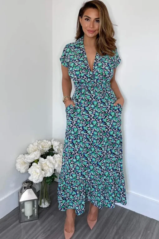 Navy Floral Print Short Sleeved V-Neck Midi Smock Dress