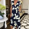 Navy Floral Print Short Sleeve Belted Wrap Midi Dress