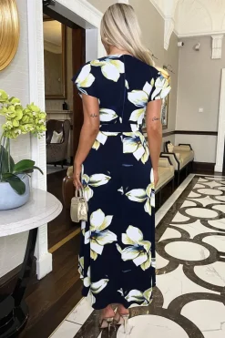 Navy Floral Print Short Sleeve Belted Wrap Midi Dress