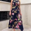Navy Floral Printed High Neck Tie Belt Midi Dress