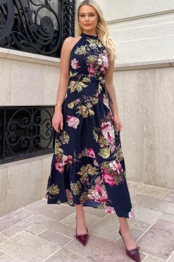 Navy Floral Printed High Neck Tie Belt Midi Dress