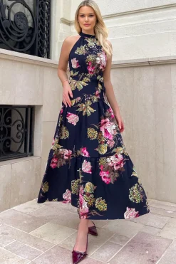 Navy Floral Printed High Neck Tie Belt Midi Dress