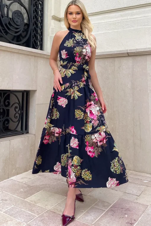 Navy Floral Printed High Neck Tie Belt Midi Dress
