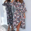 Navy Floral Wrap Tie Front Midi Dress